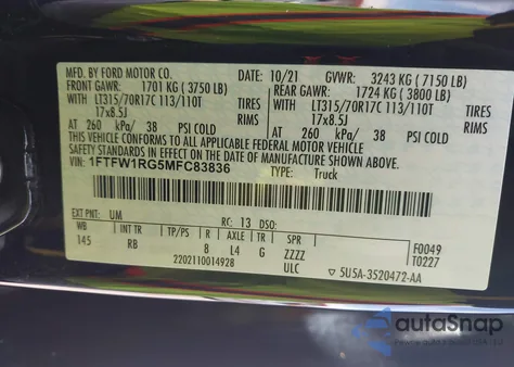 2021 Ford F-150 Raptor z USA, uszkodzony, nr VIN 1FTFW1RG5MFC83836